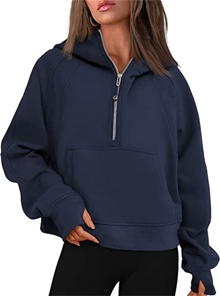 Women's short cut hoodie with half zipper and kangaroo pocket Mune Fashion