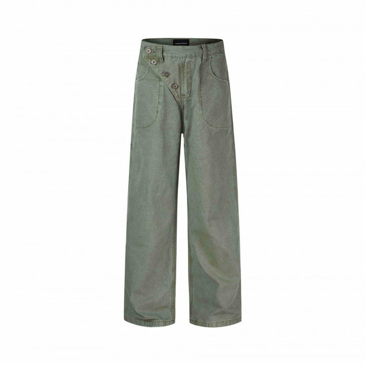 Women's wide high-waist pants with asymmetric button placket and patch pockets Mune Fashion