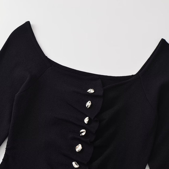 Women's Ruffled Long Sleeve Top with Square Neckline, Asymmetric Button Placket and Peplum Mune Fashion