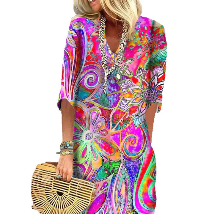 Women nan lightweight Boho kaftan dress with V-neck, loose silhouette, and three-quarter sleeves Mune Fashion