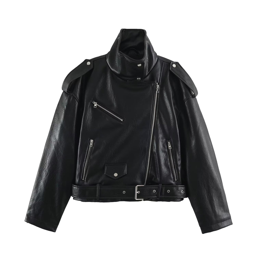 Men's biker leather jacket with high stand-up collar, shoulder flaps and waist belt Mune Fashion