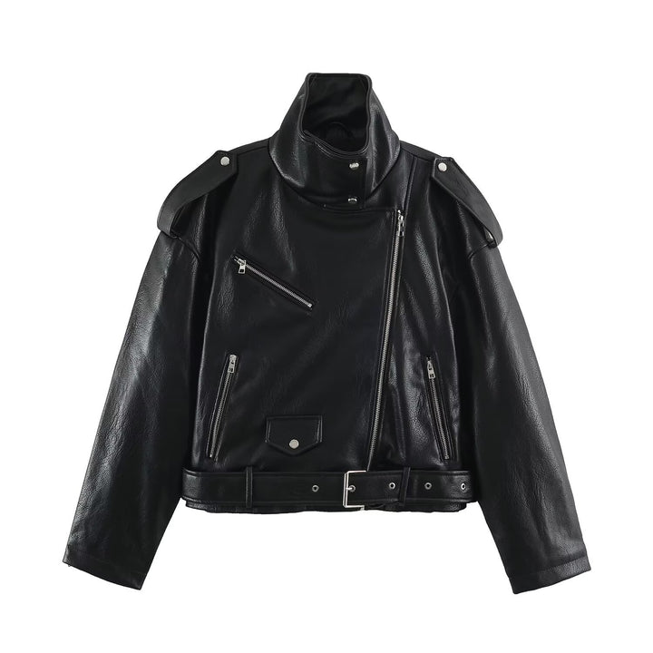 Men's biker leather jacket with high stand-up collar, shoulder flaps and waist belt Mune Fashion