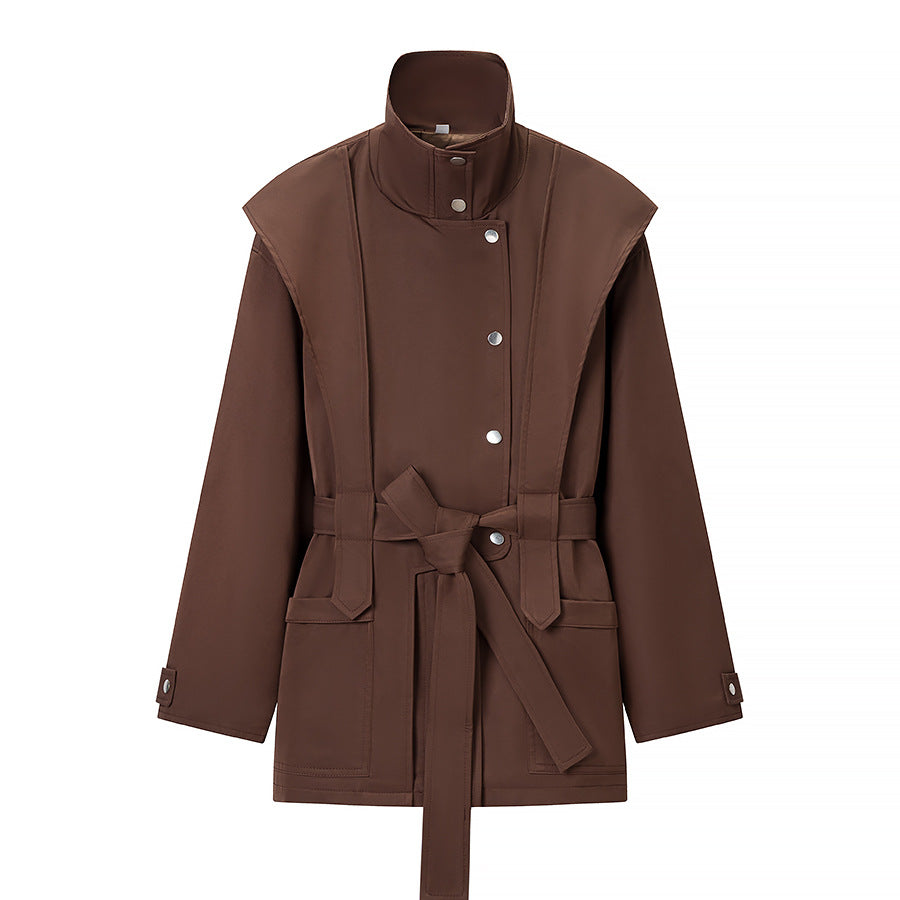 Women's Tailored Transition Jacket with Stand Collar, Shoulder Cape and Belt Mune Fashion