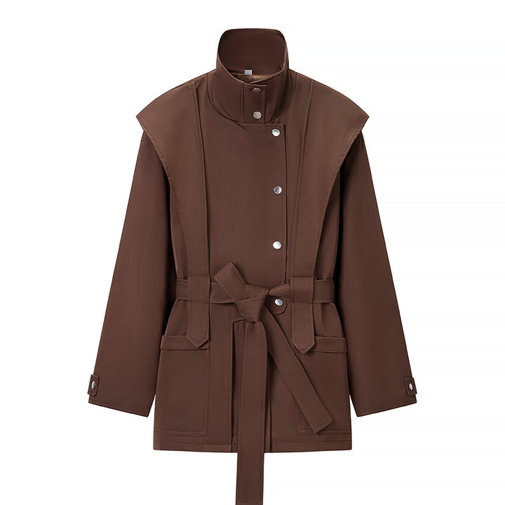 Women's Tailored Transition Jacket with Stand Collar, Shoulder Cape and Belt Mune Fashion