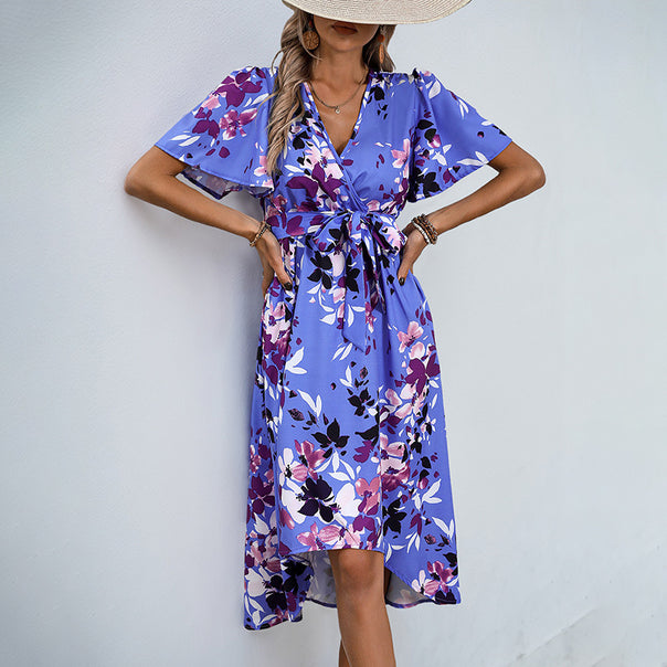 Women Light Chiffon Midi Dress Wrap Look with V-Neck, Waistband and Asymmetrical Flared Skirt Mune Fashion