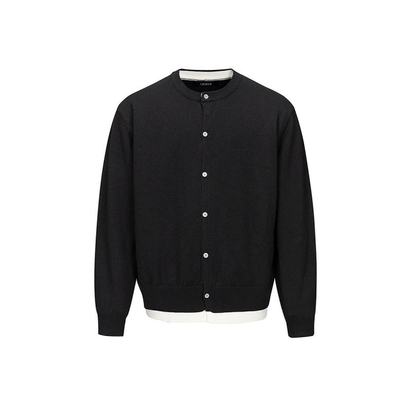 Men's fine knit cardigan with two-layer look, round neck and continuous button placket Mune Fashion