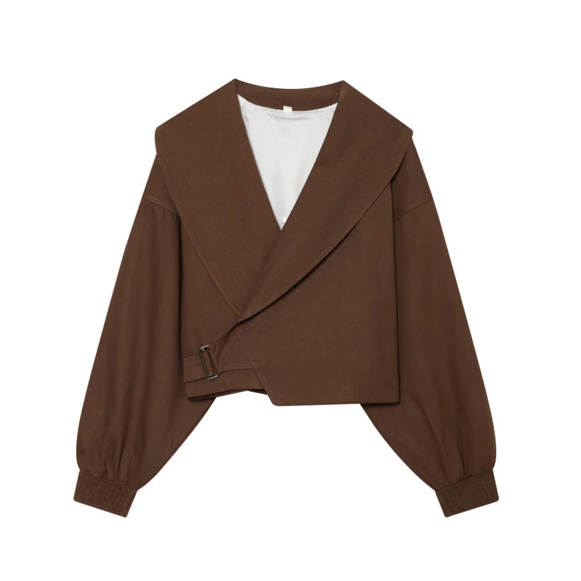 Women's short jacket with wide sailor collar, balloon sleeves, and asymmetrical buckle closure Mune Fashion