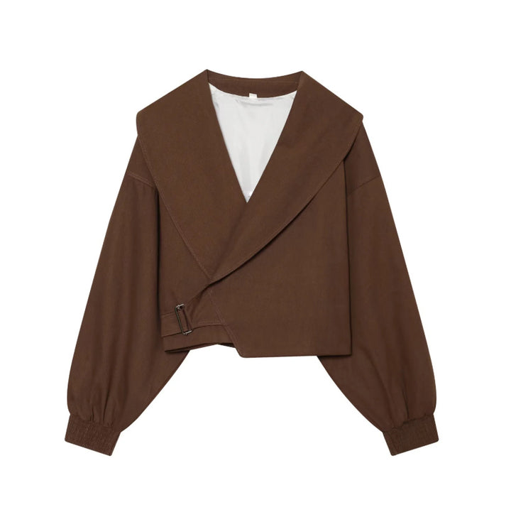 Women's short jacket with wide sailor collar, balloon sleeves, and asymmetrical buckle closure Mune Fashion