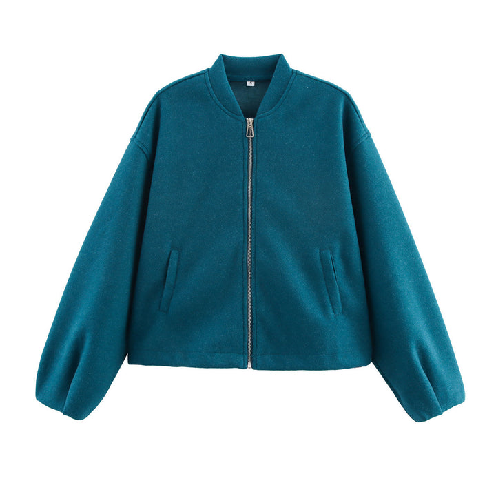 Women's short-cut minimalist bomber jacket with concealed two-way zipper and side pockets Mune Fashion