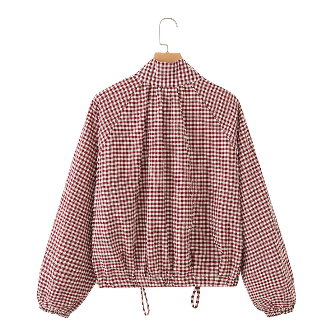 Women's Checked Oversize Blouson with Drawstring and Stand Collar Mune Fashion