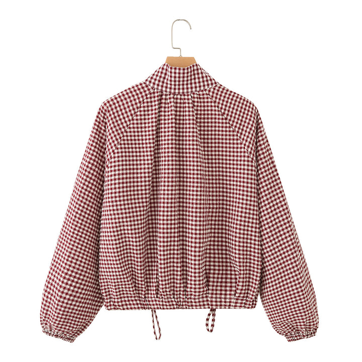Women's Checked Oversize Blouson with Drawstring and Stand Collar Mune Fashion