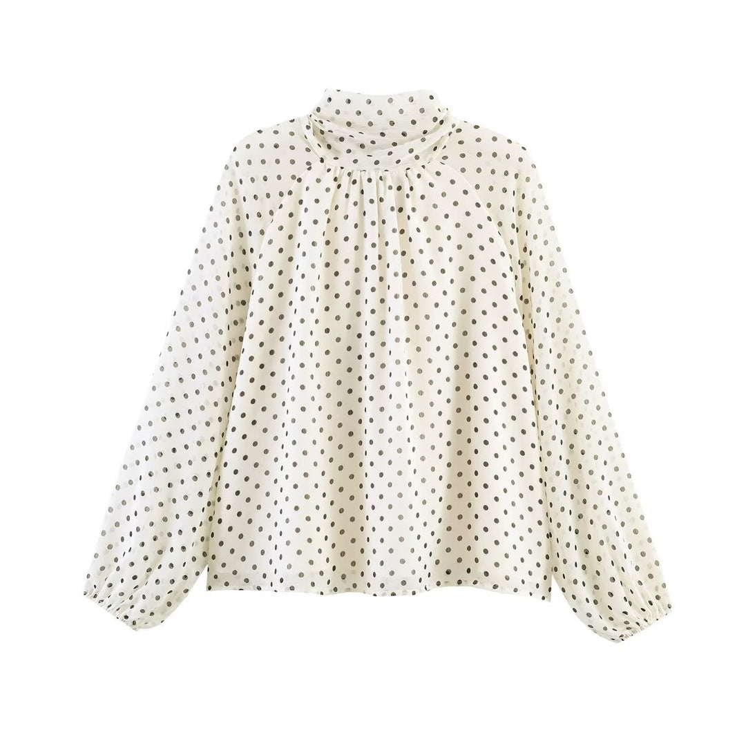 Women's lightweight polka dot blouse with gathered stand collar, frill yoke, and balloon sleeves Mune Fashion