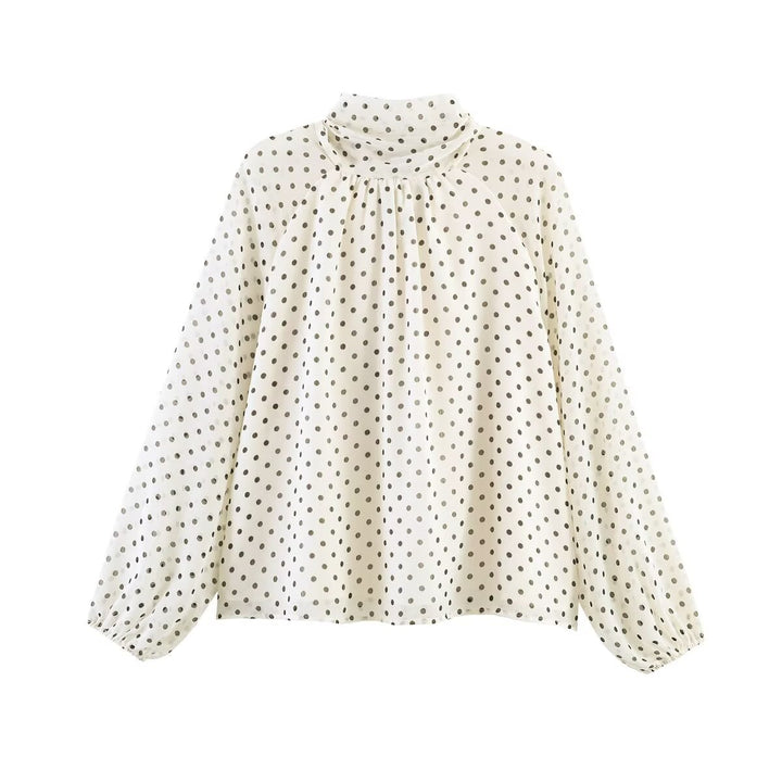 Women's lightweight polka dot blouse with gathered stand collar, frill yoke, and balloon sleeves Mune Fashion
