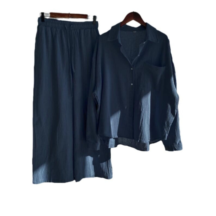 Women's Loose-Fitting Two-Piece Viscose Loungewear Set with Shirt Blouse and Wide Palazzo Pants Mune Fashion