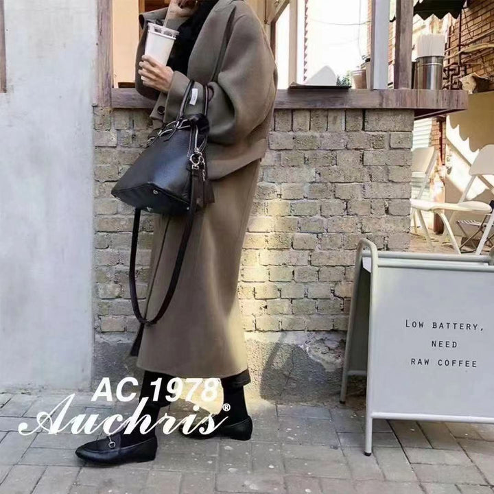 Women's Long Wool Blend Coat with Tie Belt and Balloon Sleeves Mune Fashion
