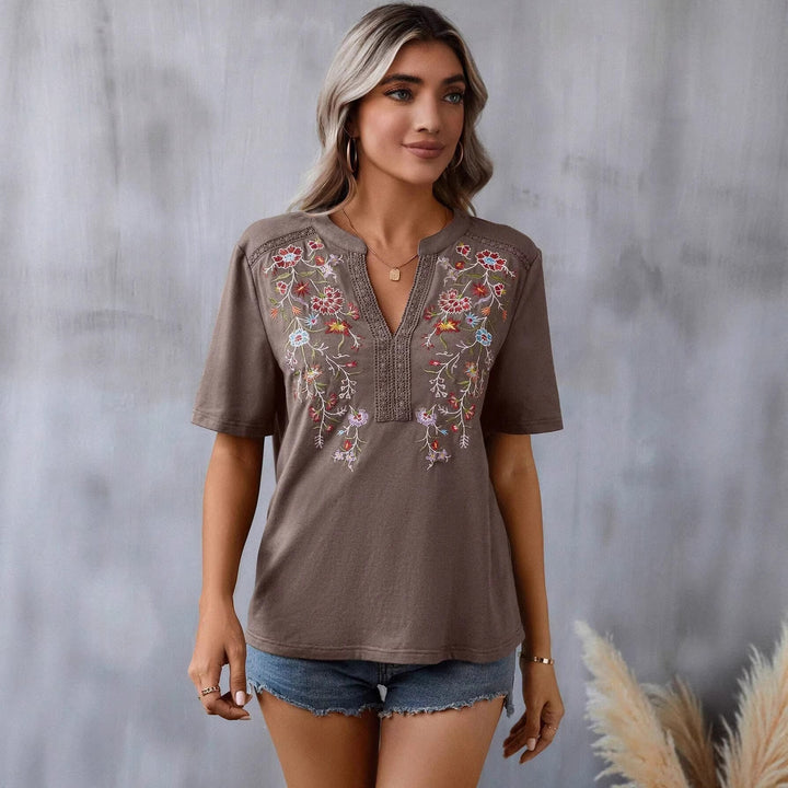 Women embroidered Boho tunic with deep neckline and lace trim Mune Fashion