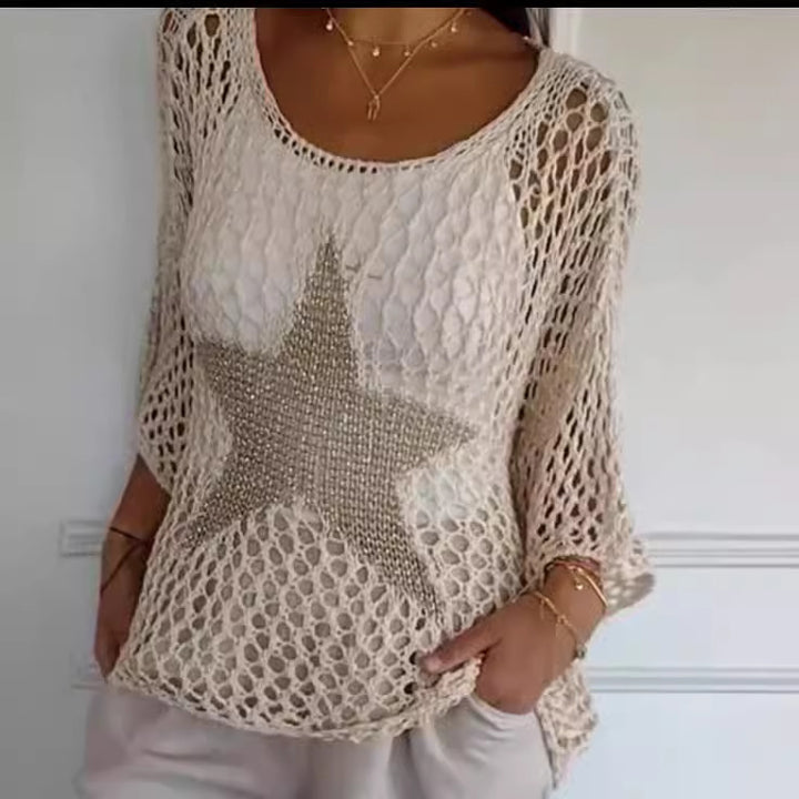Women's oversized crocheted pullover with star appliqué and 3/4 sleeves Mune Fashion