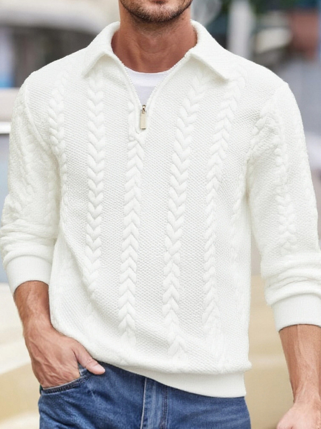 Men's fine structured cable knit sweater with short zipper and Kent collar Mune Fashion