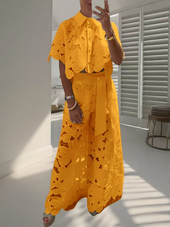 Ladies two-piece lace ensemble with crop top and wide palazzo pants Mune Fashion