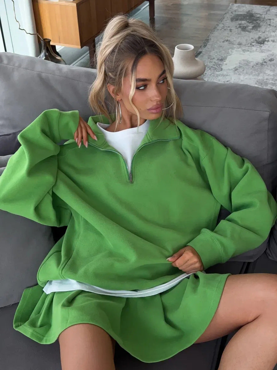 Women Oversized Sweat Dress with Half Zipper and Stand-Up Collar Mune Fashion