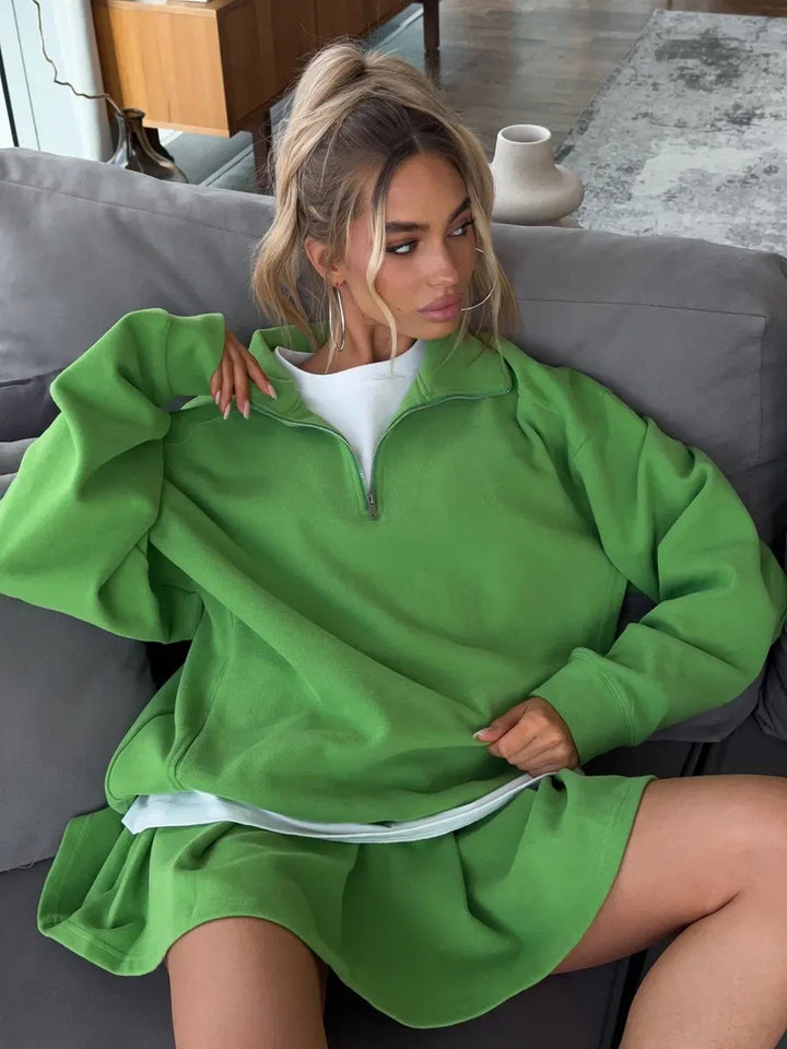 Women Oversized Sweat Dress with Half Zipper and Stand-Up Collar Mune Fashion