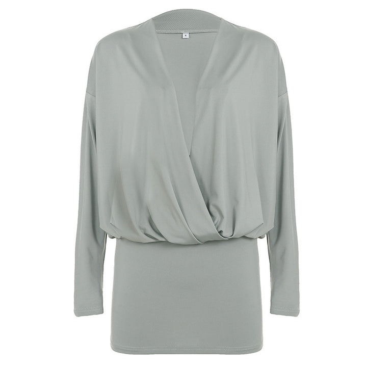 Women's draped wrap top with deep V-neckline, soft jersey drape, and fitted cuff Mune Fashion