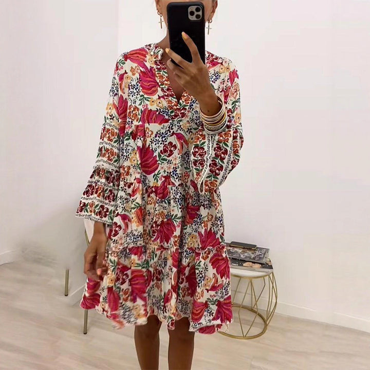 Women playful tunic tiered dress with deep V-neck, ruched bodice, ruffled tiers and ornamental embroidery trim Mune Fashion