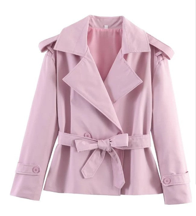 Women Tailored Short Trench Coat with Tie Belt and Epaulettes Mune Fashion