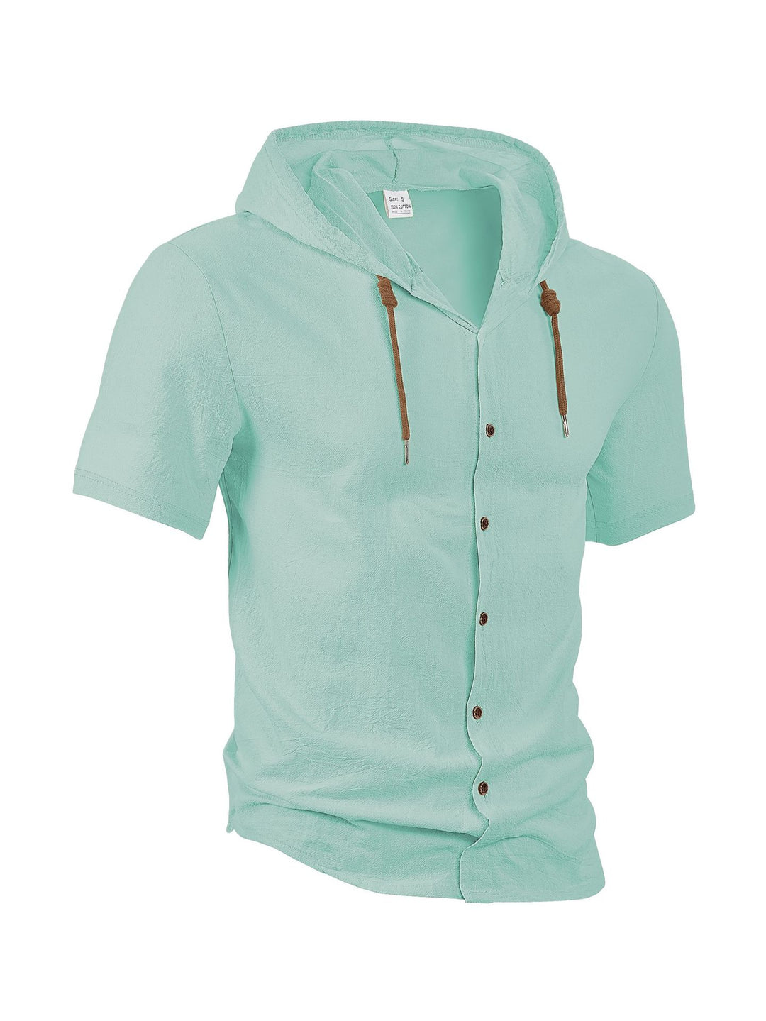 Men's crinkled short-sleeve hooded shirt made of cotton with button placket and drawstring Mune Fashion