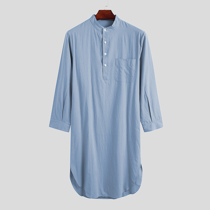Men's long loose shirt with stand-up collar, chest pocket, and curved hem Mune Fashion