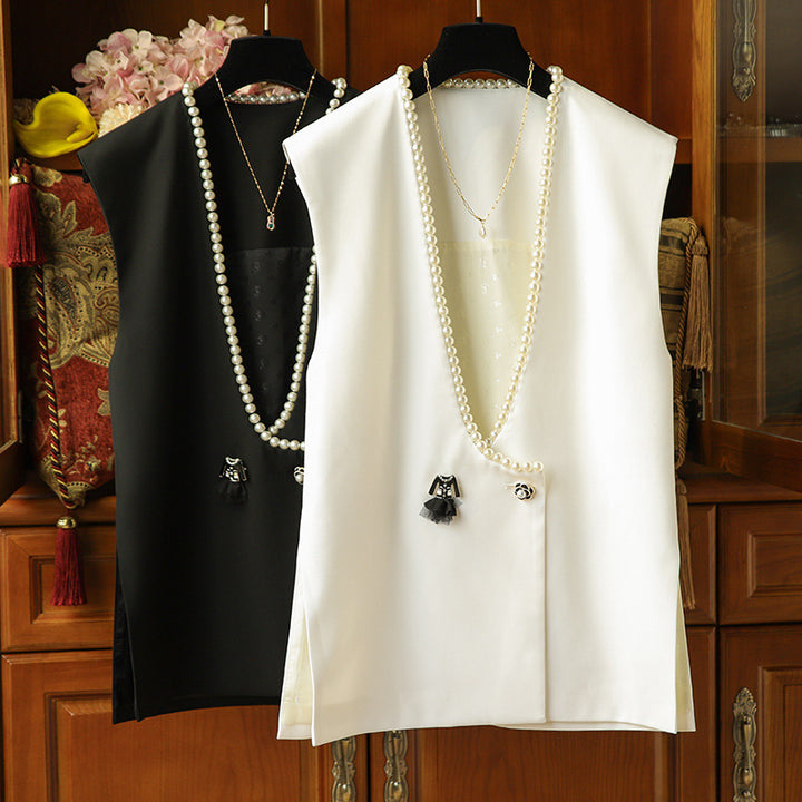 Women's Elegant Blazer Vest with Pearl Decoration Mune Fashion
