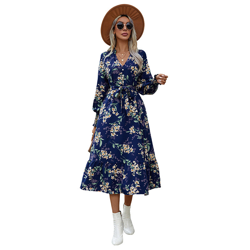 Women Floral Long Sleeve Dress with Waist Belt Mune Fashion