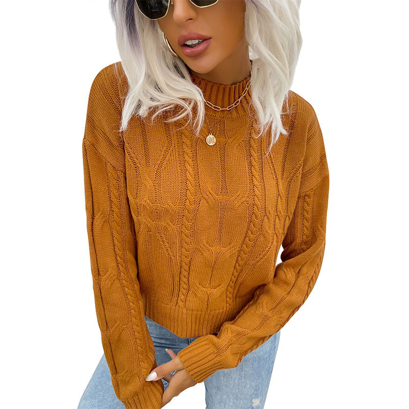 Ladies Short Cut Cable Knit Sweater with Standing Collar Mune Fashion