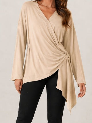 Women's wrap top with side knot detail, V-neck and asymmetrical hem Mune Fashion