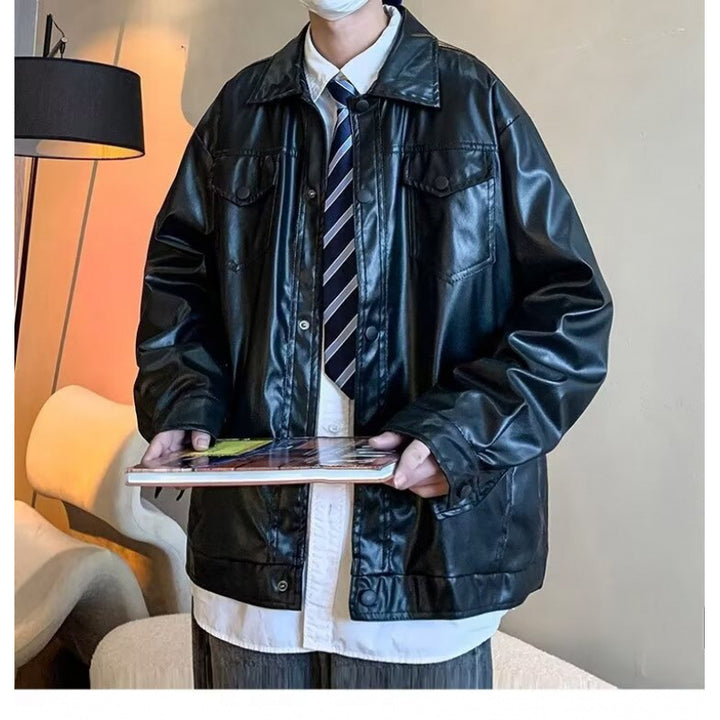 Men's Oversized Faux Leather Shirt Jacket in Boxy Look with Flap Pockets and Snap Placket Mune Fashion