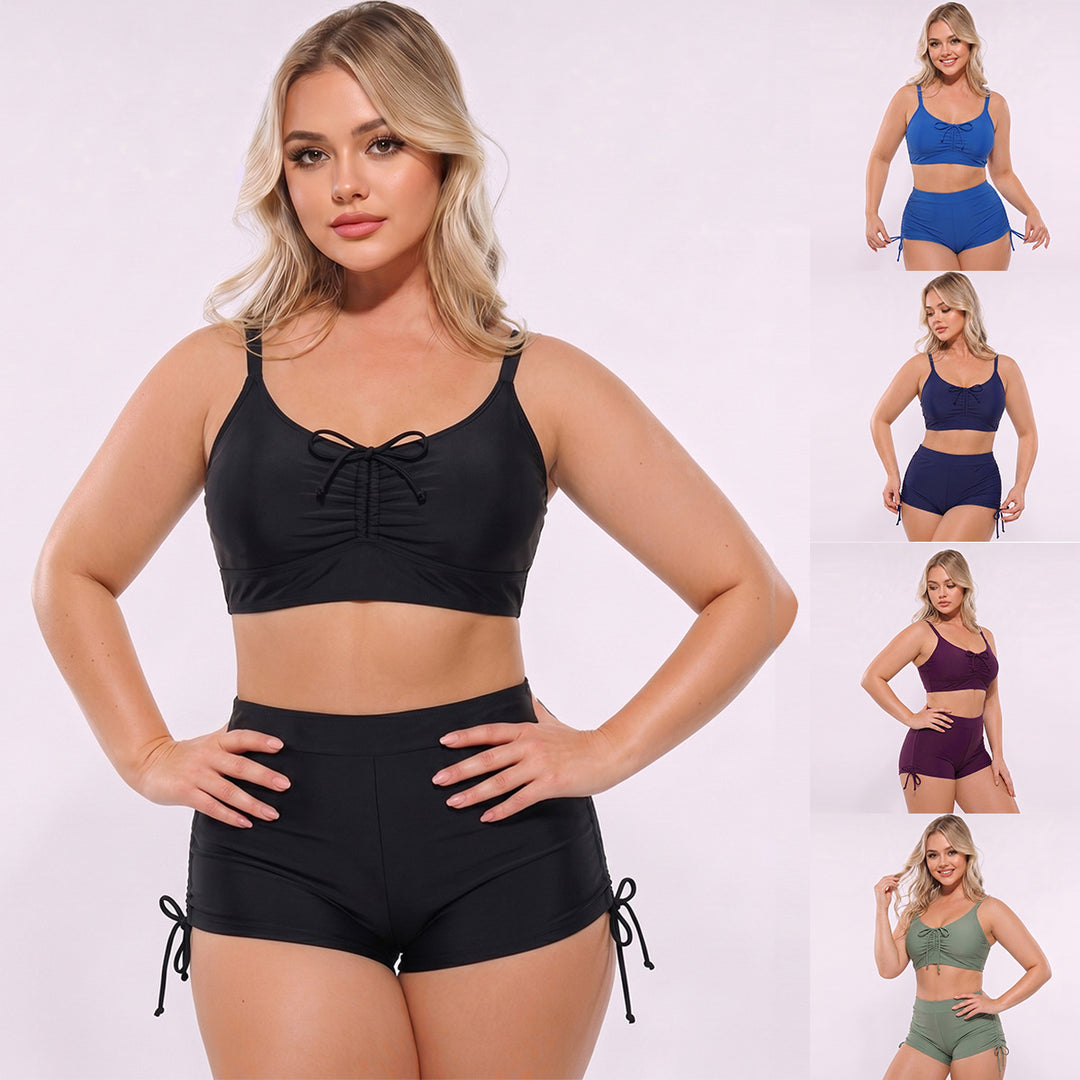 Women High-Cut Tankini Set with Adjustable Straps and Gathering Mune Fashion