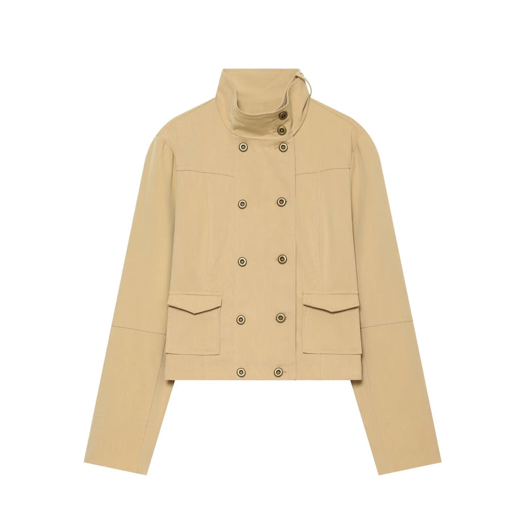 Women Cropped Double-Breasted Utility Jacket with High Stand Collar Drune