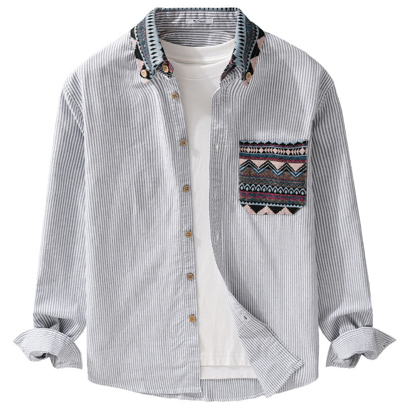 Men's Striped Cotton Shirt with Jacquard Collar and Pocket Trim Mune Fashion