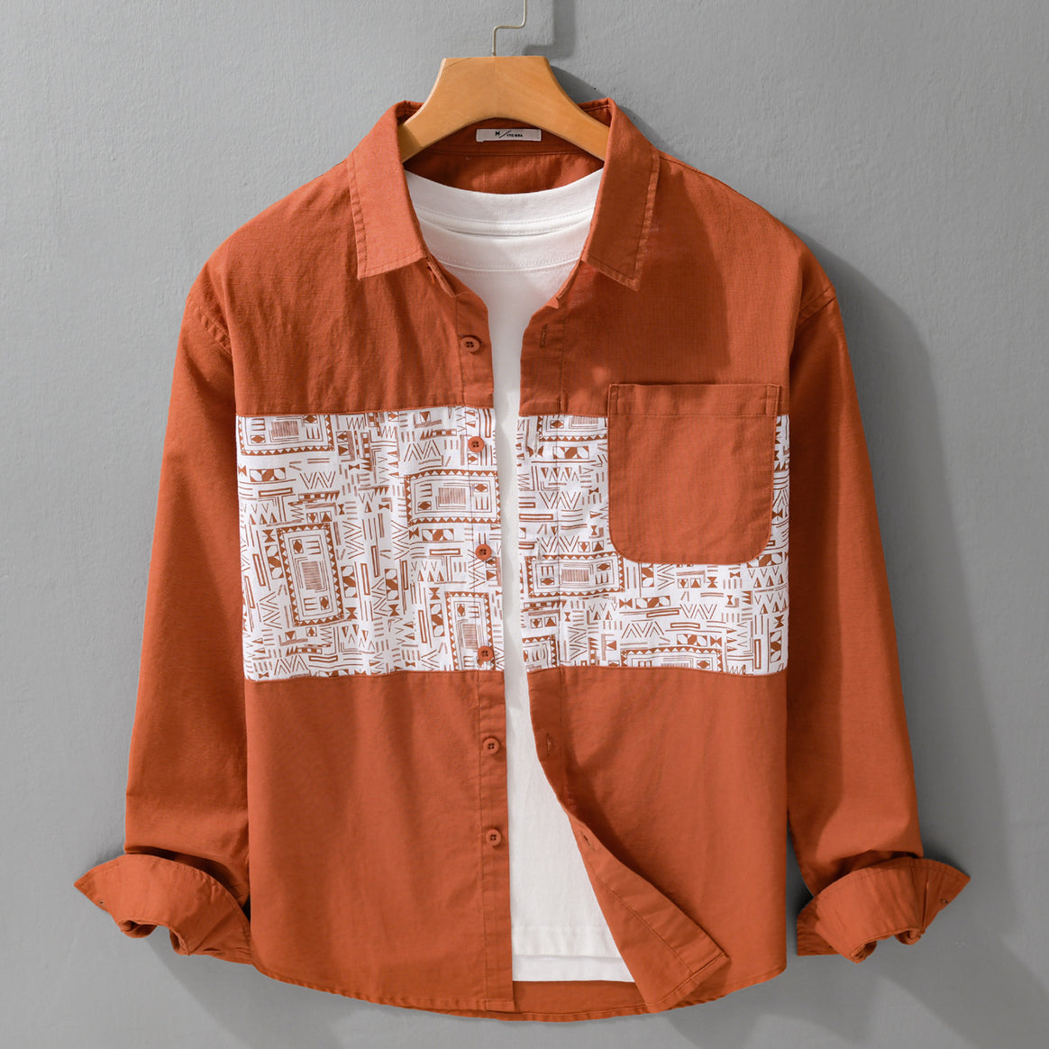Men's Long Sleeve Shirt with Graphic Chest Panel and Patch Chest Pocket Mune Fashion