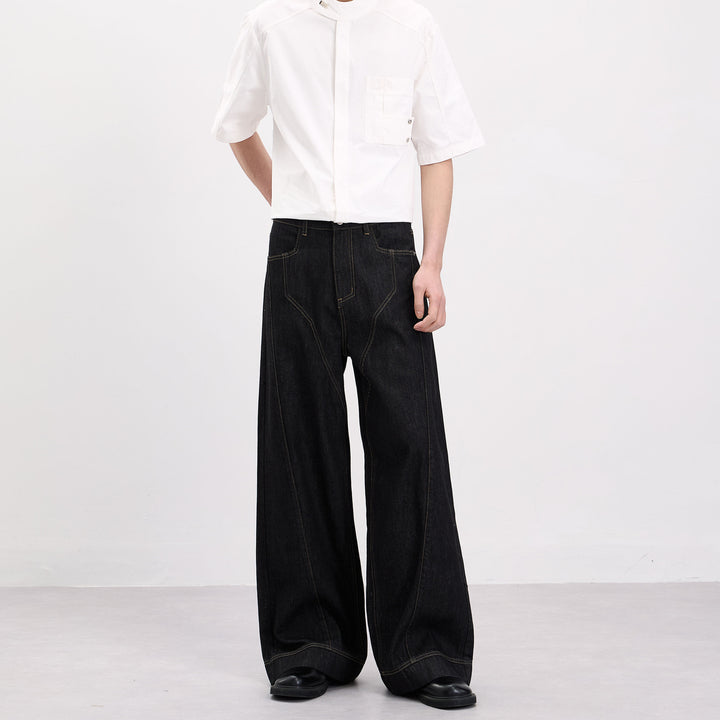 Men's Oversized Denim Palazzo Pants with Sculptural Panel Seams and Deep Crotch Mune Fashion
