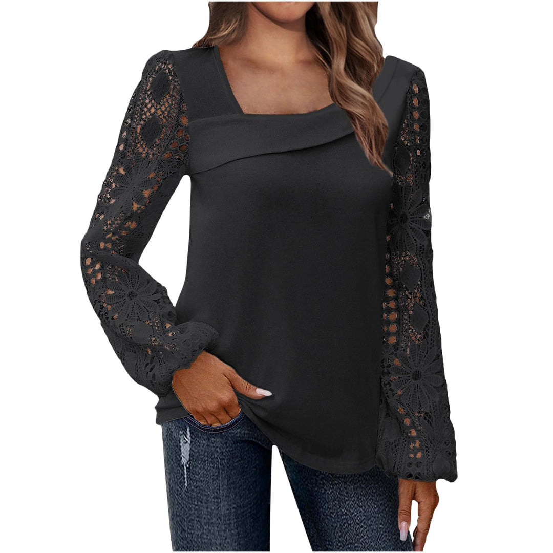 Ladies blouse with square neckline and crocheted lace sleeves Mune Fashion