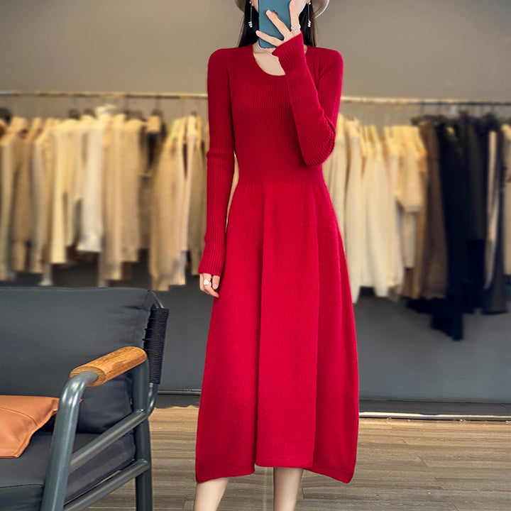 Women's Long Sleeve Midi Dress Made of Fine Knit with Tailored A-Line Silhouette Mune Fashion