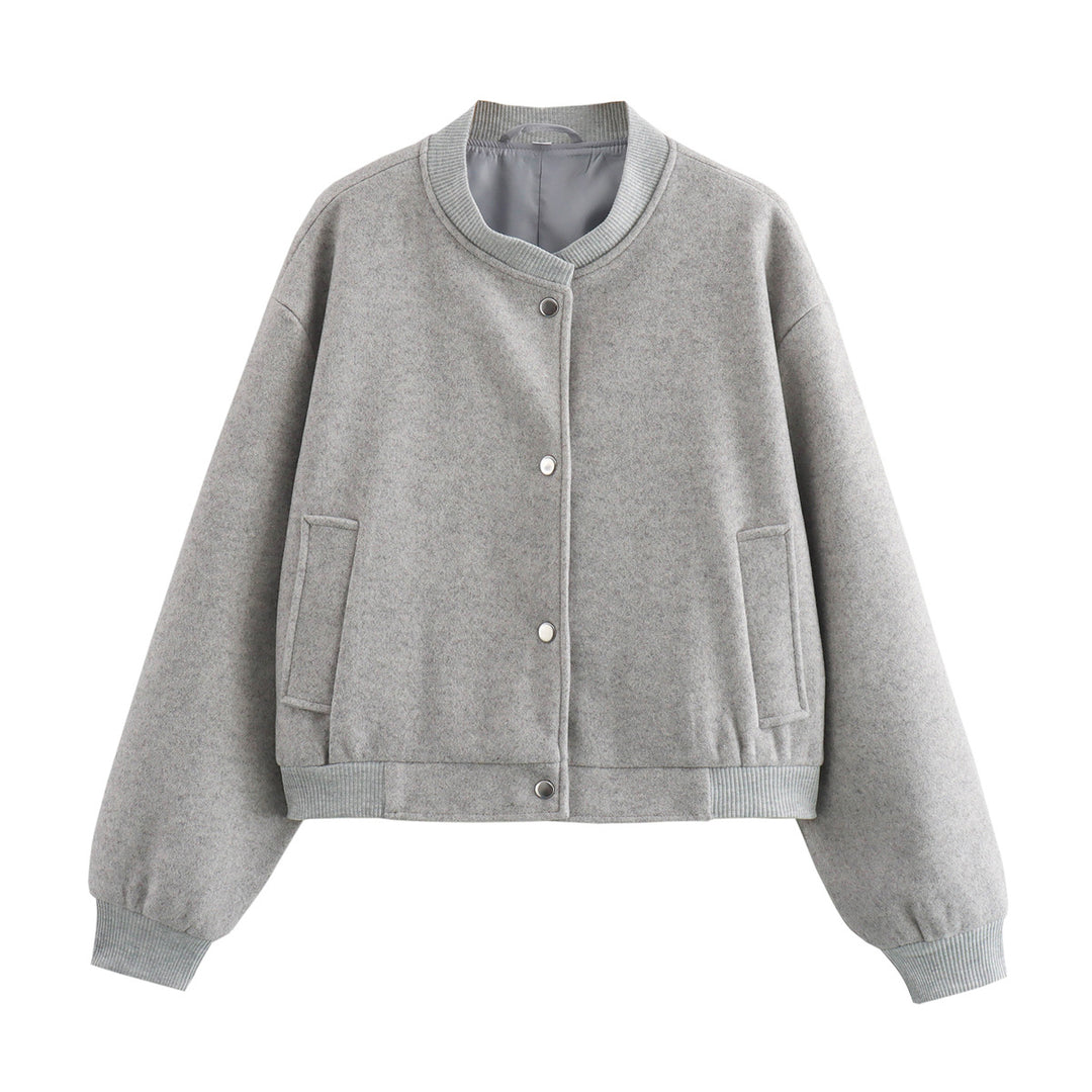 Women's Short Oversized College Jacket in Wool Blend with Snap Button Closure, Side Pockets and Ribbed Cuffs Mune Fashion