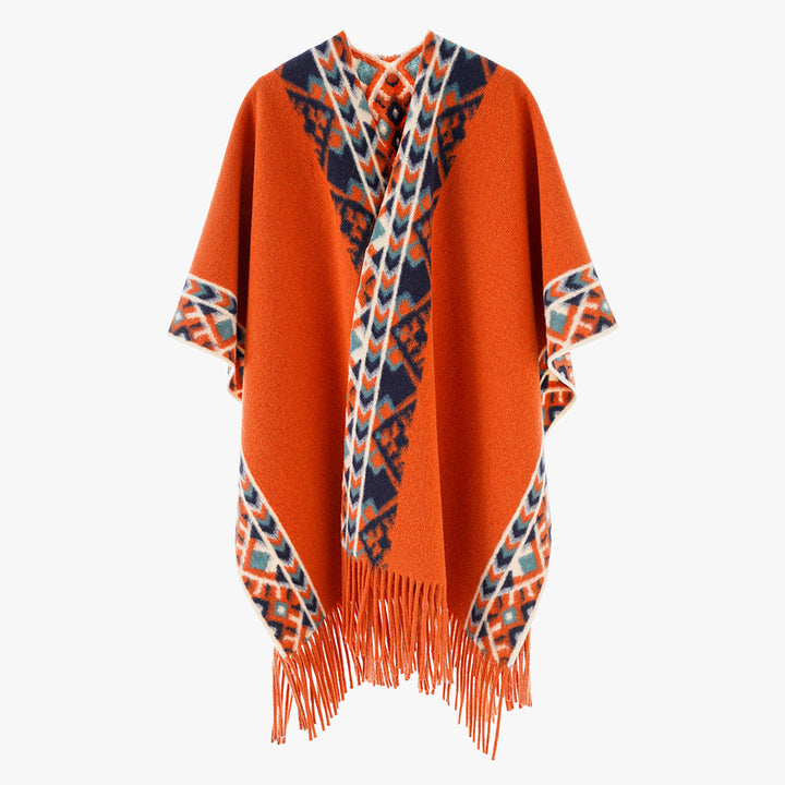 Women's Poncho Wrap with Ethno Jacquard and Fringe Hem Mune Fashion