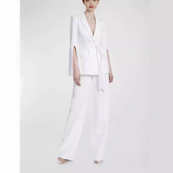 Women Tailored Cape Blazer with Tie Belt and Wide Palazzo Pants Mune Fashion