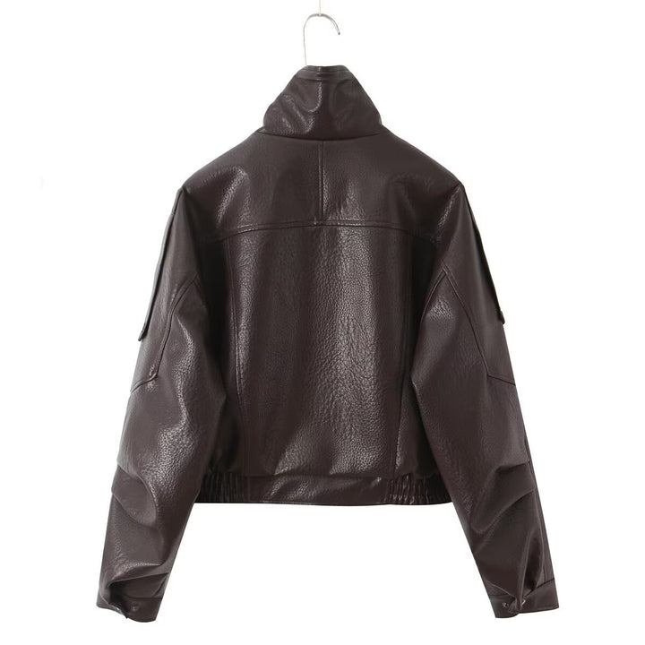 Women's Cropped Biker Jacket in vegan leather look with asymmetric front flap and waist belt Mune Fashion