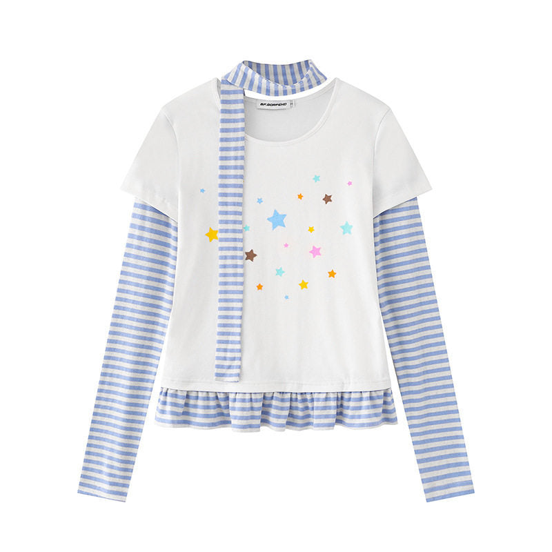 Women's Layered Long Sleeve Shirt with Striped Sleeves, Star Print, Ruffled Hem and Scarf Detail