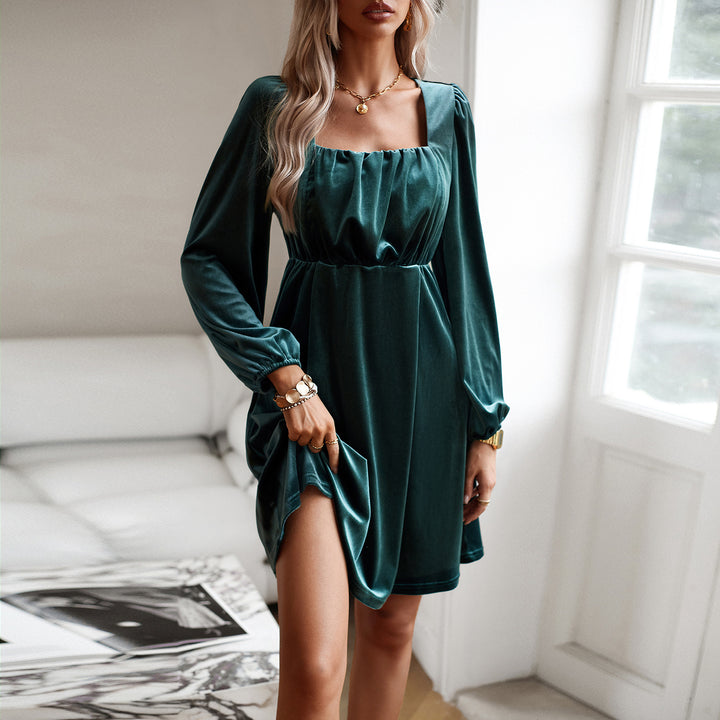 Women in velvet short dress with square neckline, empire waist and balloon sleeves Mune Fashion