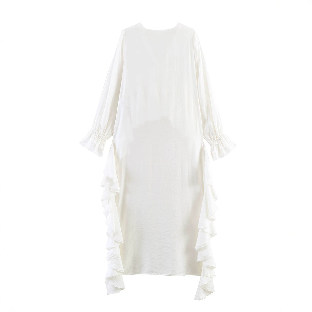 Women's maxi dress with asymmetric ruffle trim, V-neck and long ruffle sleeves Mune Fashion