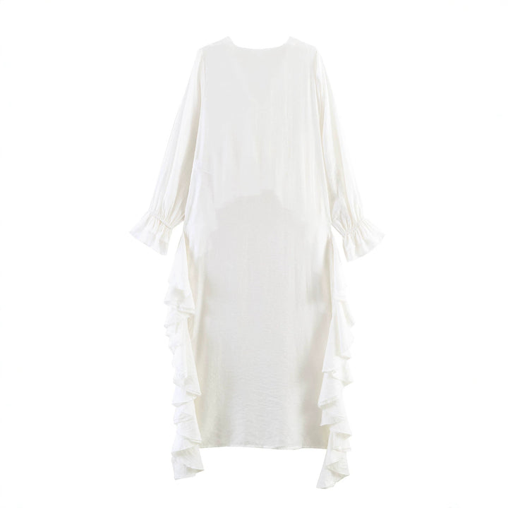 Women's maxi dress with asymmetric ruffle trim, V-neck and long ruffle sleeves Mune Fashion